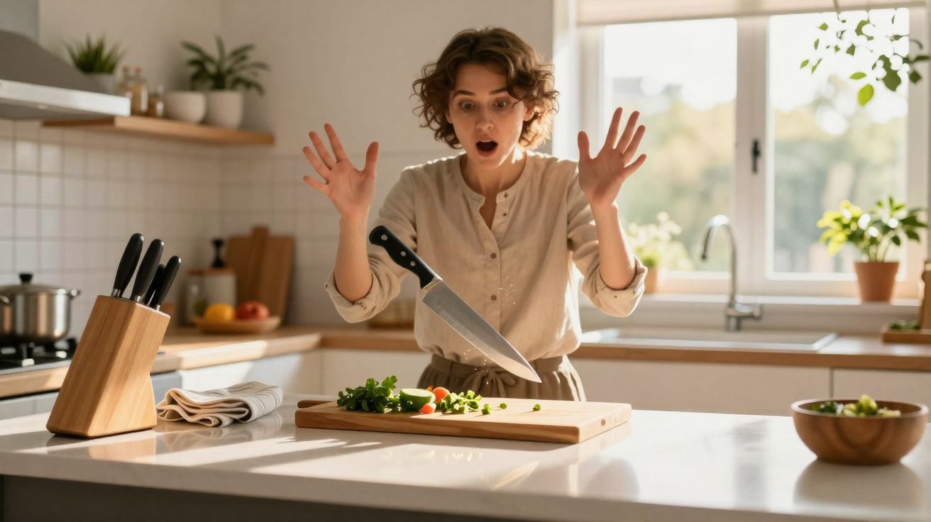 Surprised woman in kitchen watches a knife levitate above chopped vegetables on a wooden board.