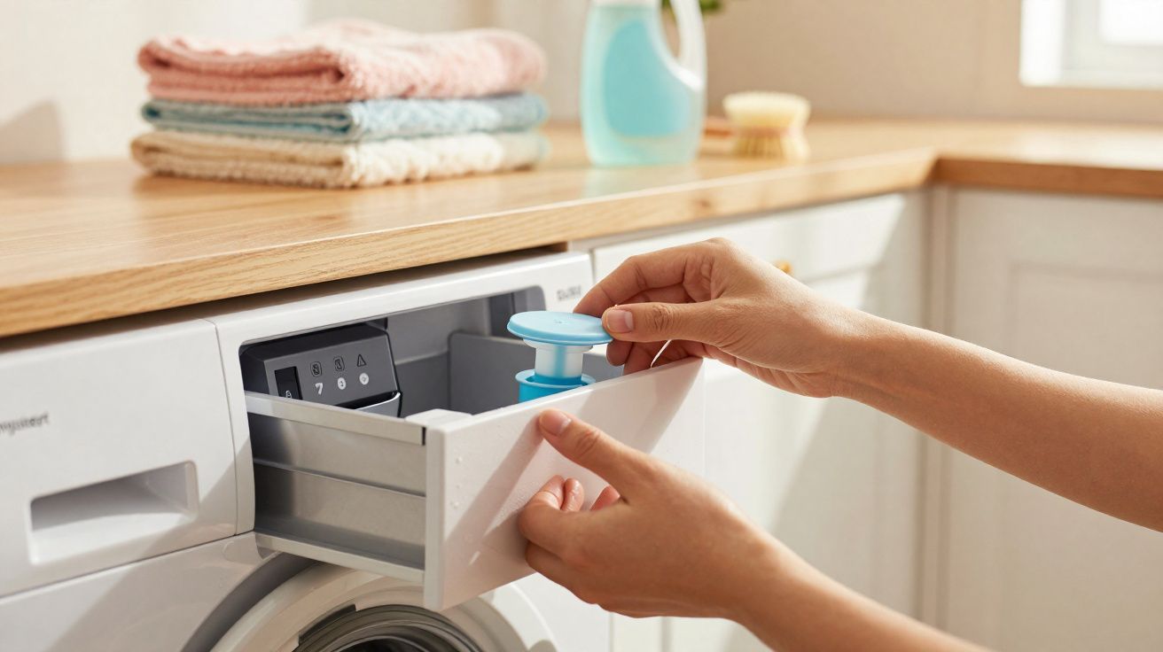 Hands adding detergent to the drawer of a front-loading washing machine in a bright laundry room.