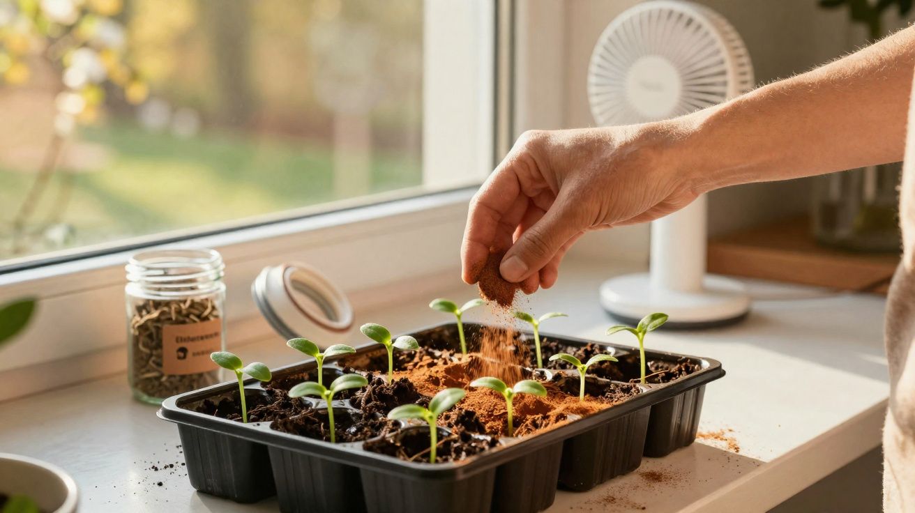 Hand sprinkling soil over young seedlings growing in a black plastic tray on a windowsill.