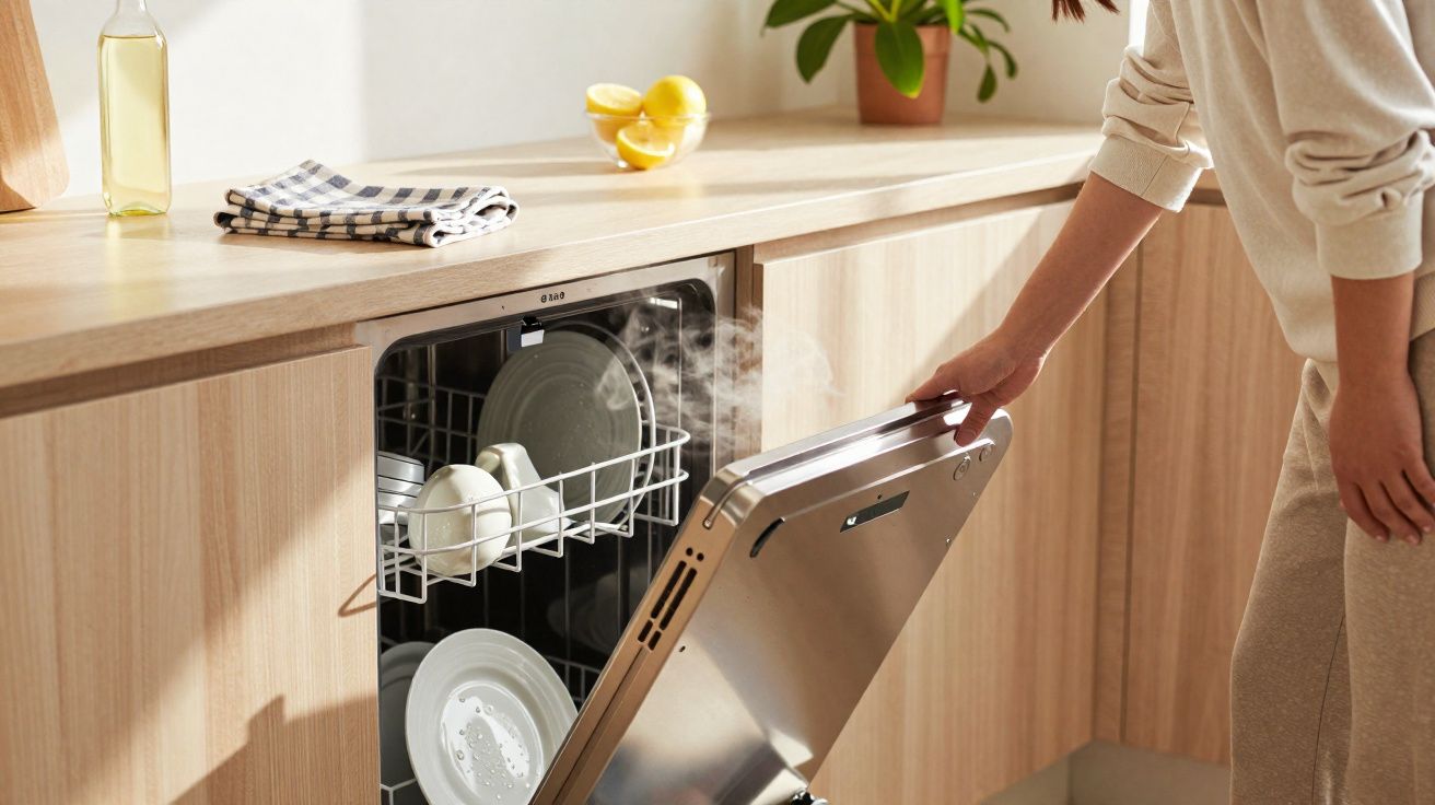 Person opening a steaming dishwasher with clean dishes inside in a modern wooden kitchen.