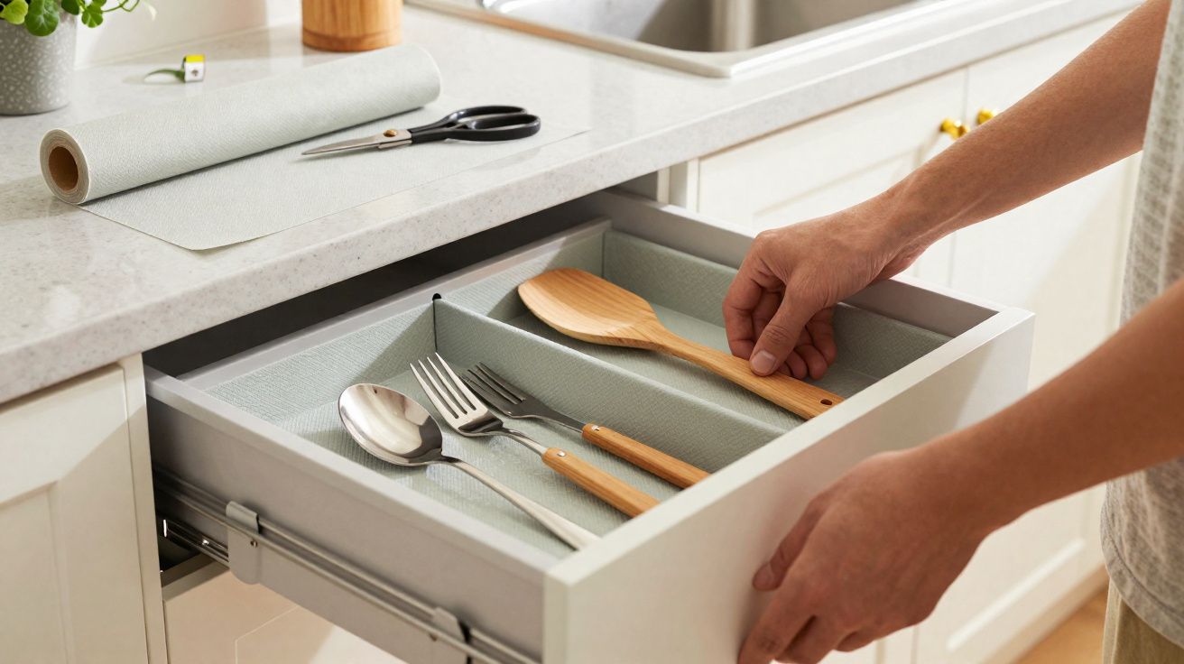 Person organising wooden spoon and cutlery in a kitchen drawer with a roll of contact paper on the counter above.