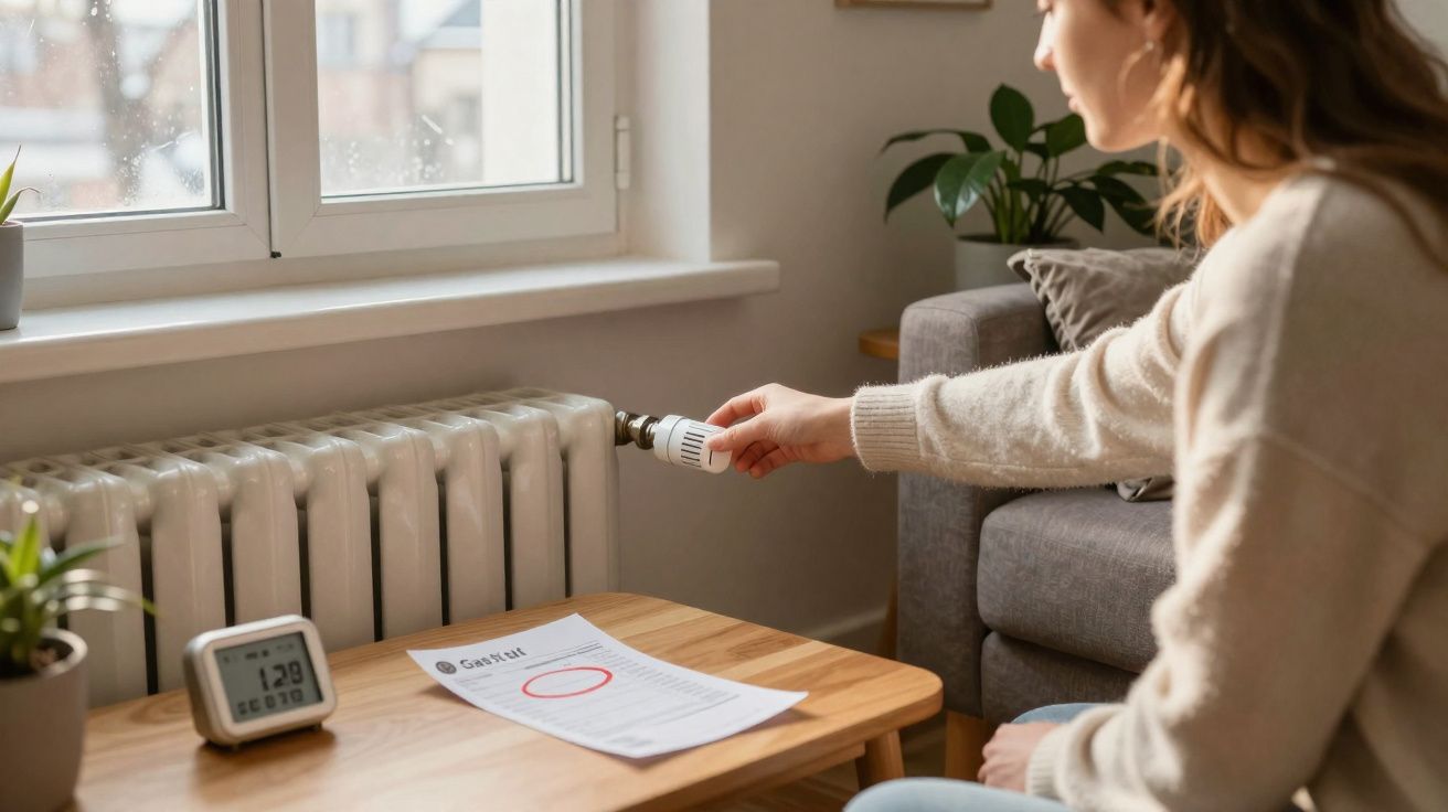 Woman adjusting radiator thermostat in cosy living room with documents and digital meter on wooden table