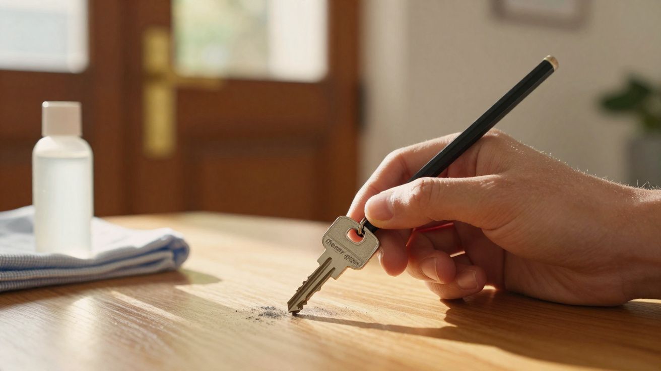 Hand holding a key attached to a pencil, scratching graphite marks on a wooden table surface.