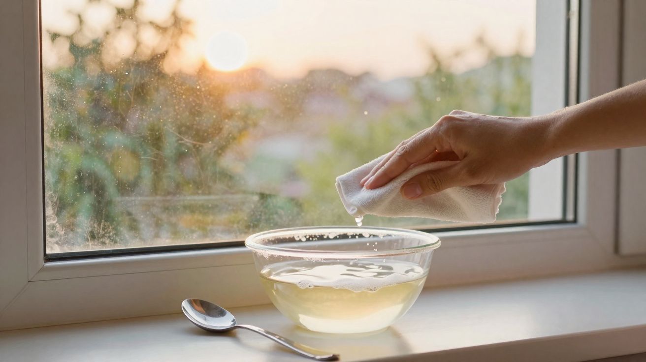 Hand wiping condensation from a window with a cloth above a bowl of water on a windowsill at sunset.