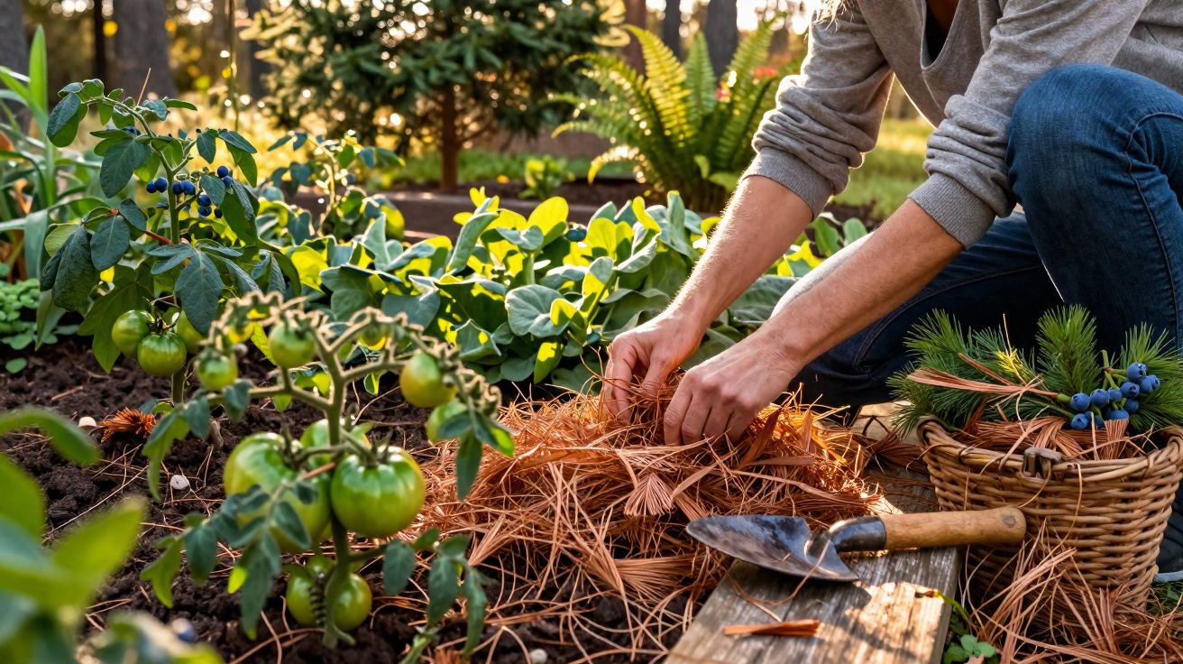 Person mulching soil in a garden bed with green tomato plants and gardening tools nearby.
