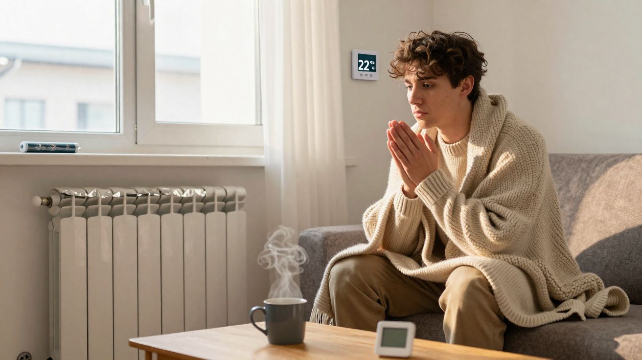 Young man wrapped in a blanket warming hands by a radiator with a steaming mug on the table nearby.