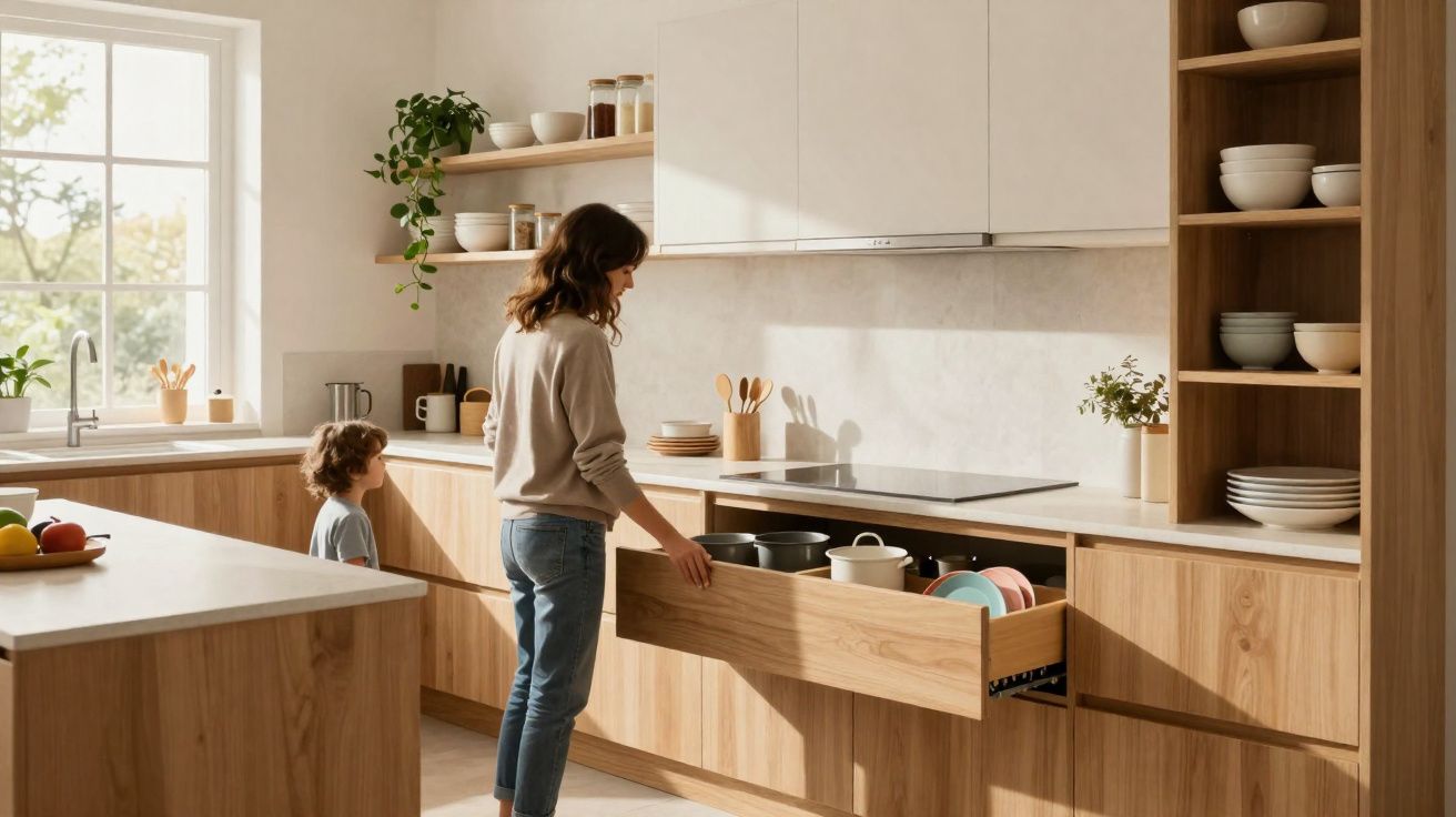 Woman opening kitchen drawer with child standing nearby in a modern kitchen with wooden cabinets and natural light.