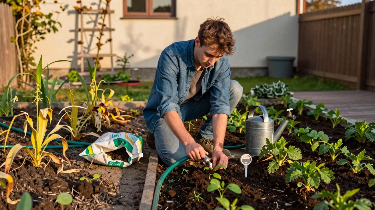 Man kneeling and tending to plants in a backyard garden at sunset with gardening tools nearby
