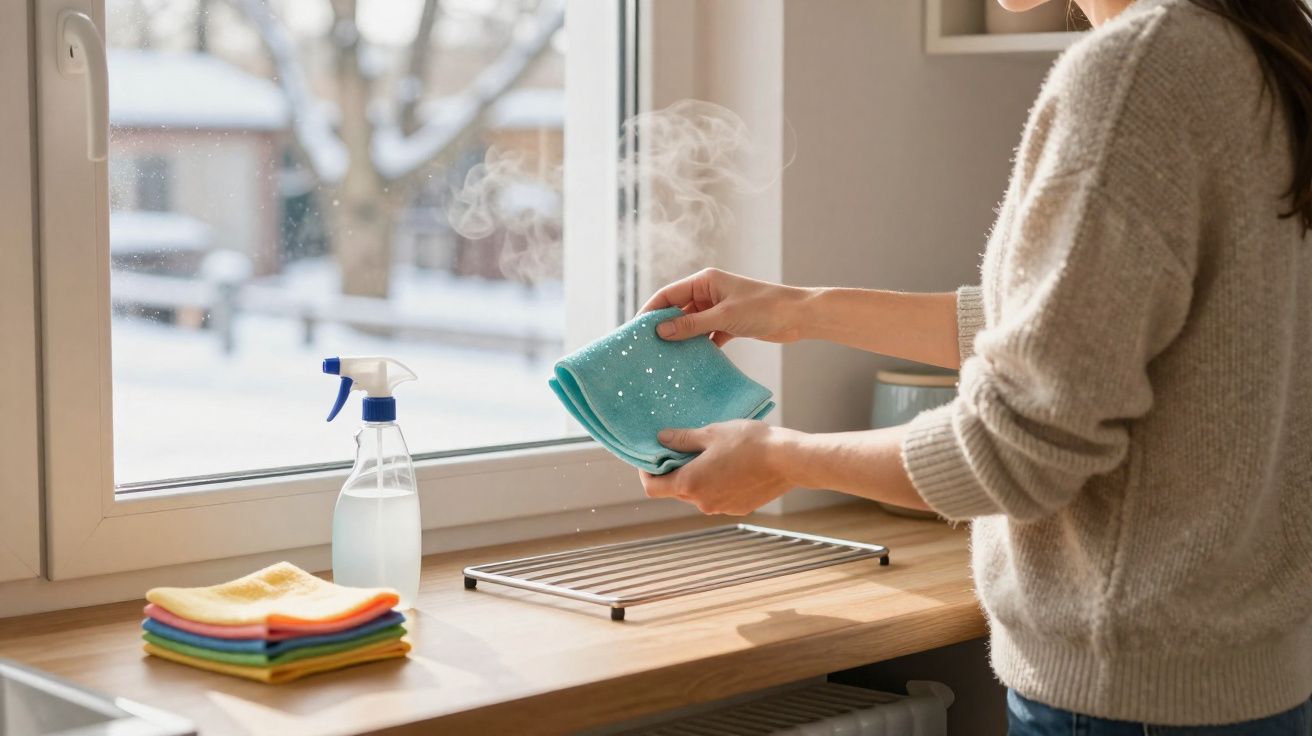Person steaming a cloth by a window with a spray bottle and stack of colourful cloths on a wooden counter.