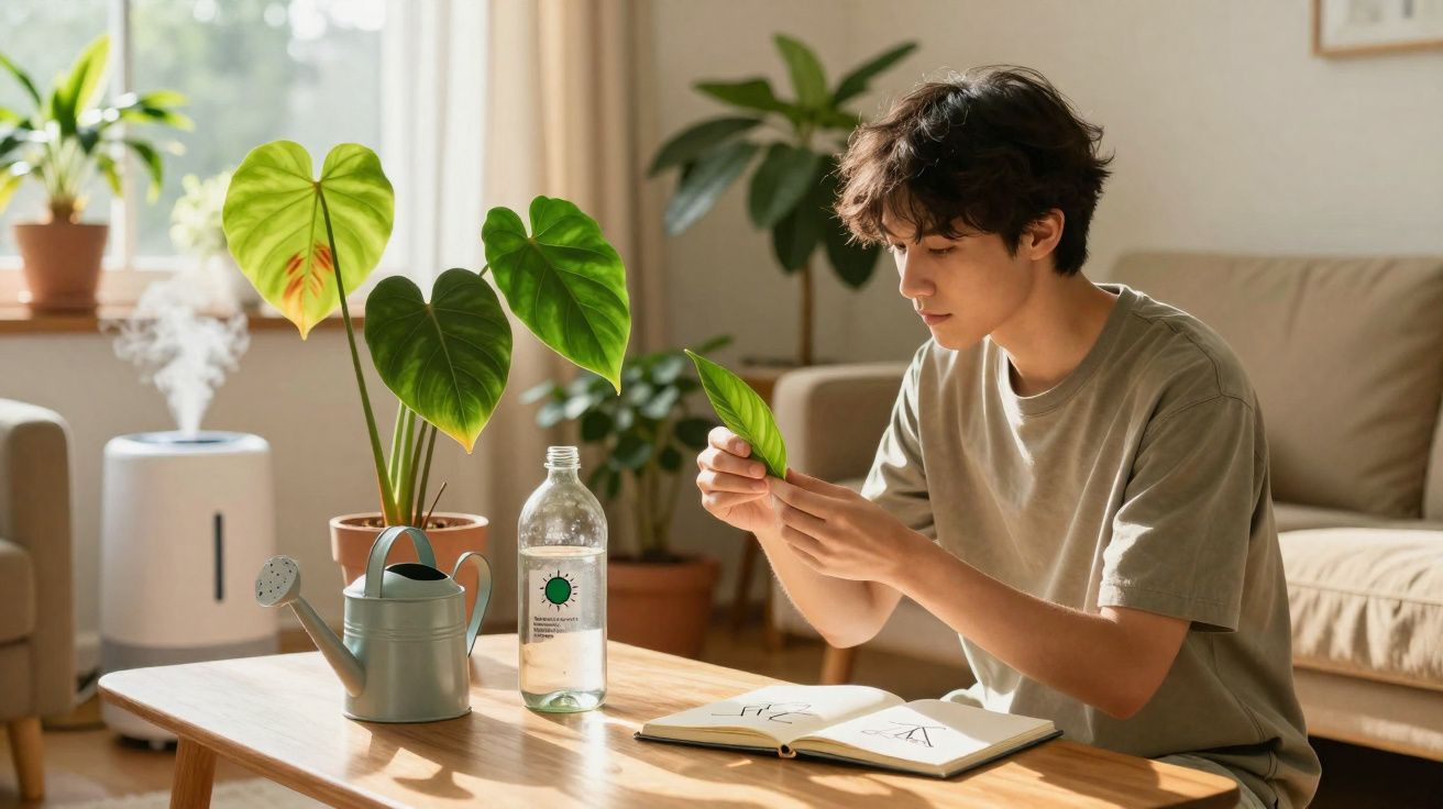 Young man examining a plant leaf while sitting at a wooden table with watering can and book in a bright living room.