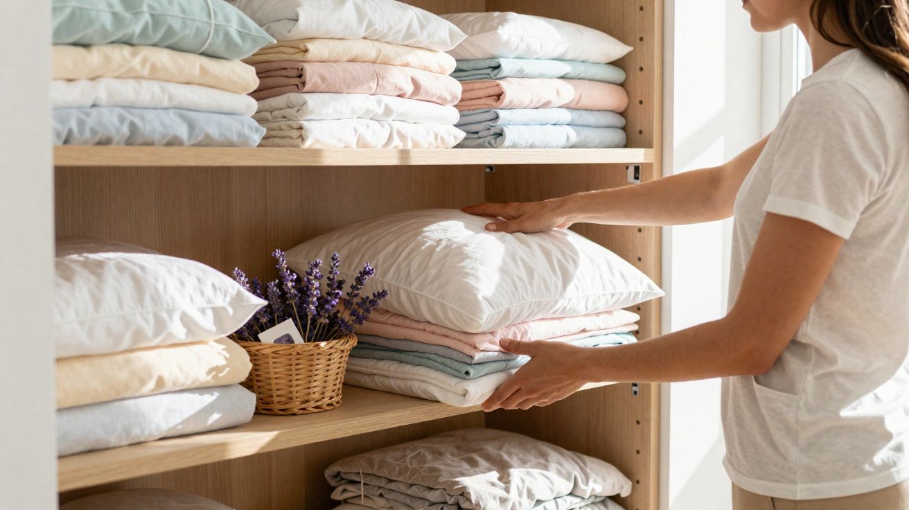 Person organising folded linens and pillows on wooden shelves in a sunlit room