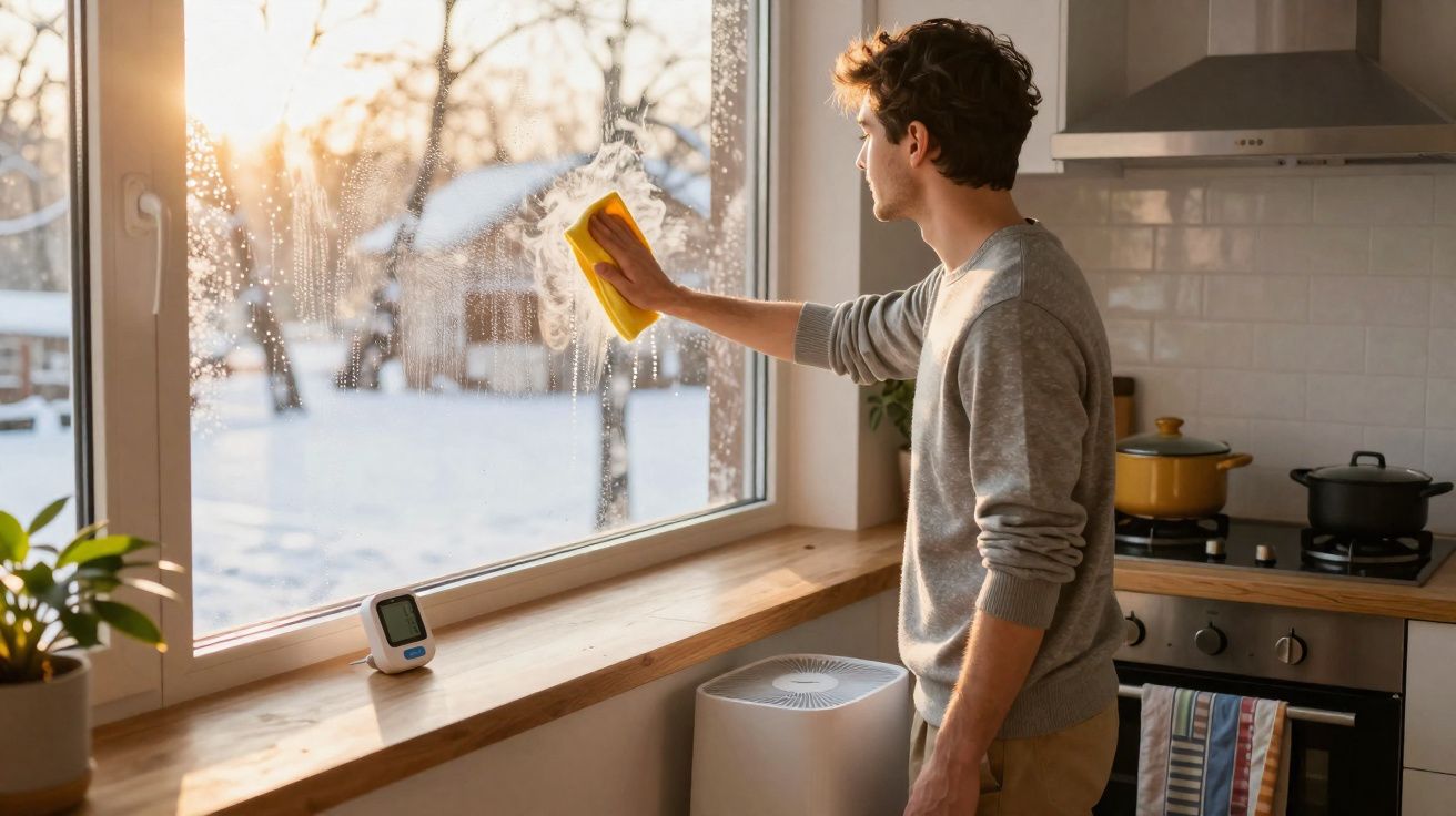 Young man cleaning a window in a bright kitchen with a yellow cloth at sunset.
