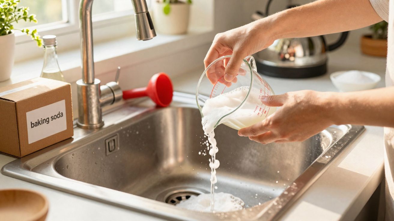 Person pouring a foaming baking soda mixture into a kitchen sink for cleaning.