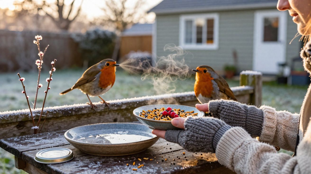 Two robins perched near a person holding a bowl of food on a frosty wooden table outdoors.