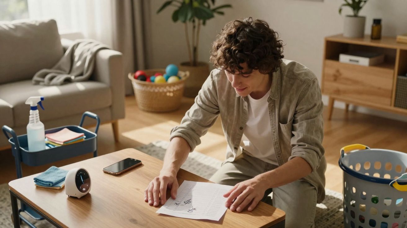 Young man sitting at a wooden table, drawing on paper in a bright, organised living room.