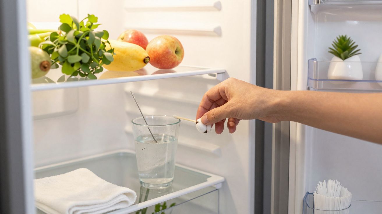 Hand placing a cotton ball on a toothpick into a glass of water inside a fridge with fruits and a towel.