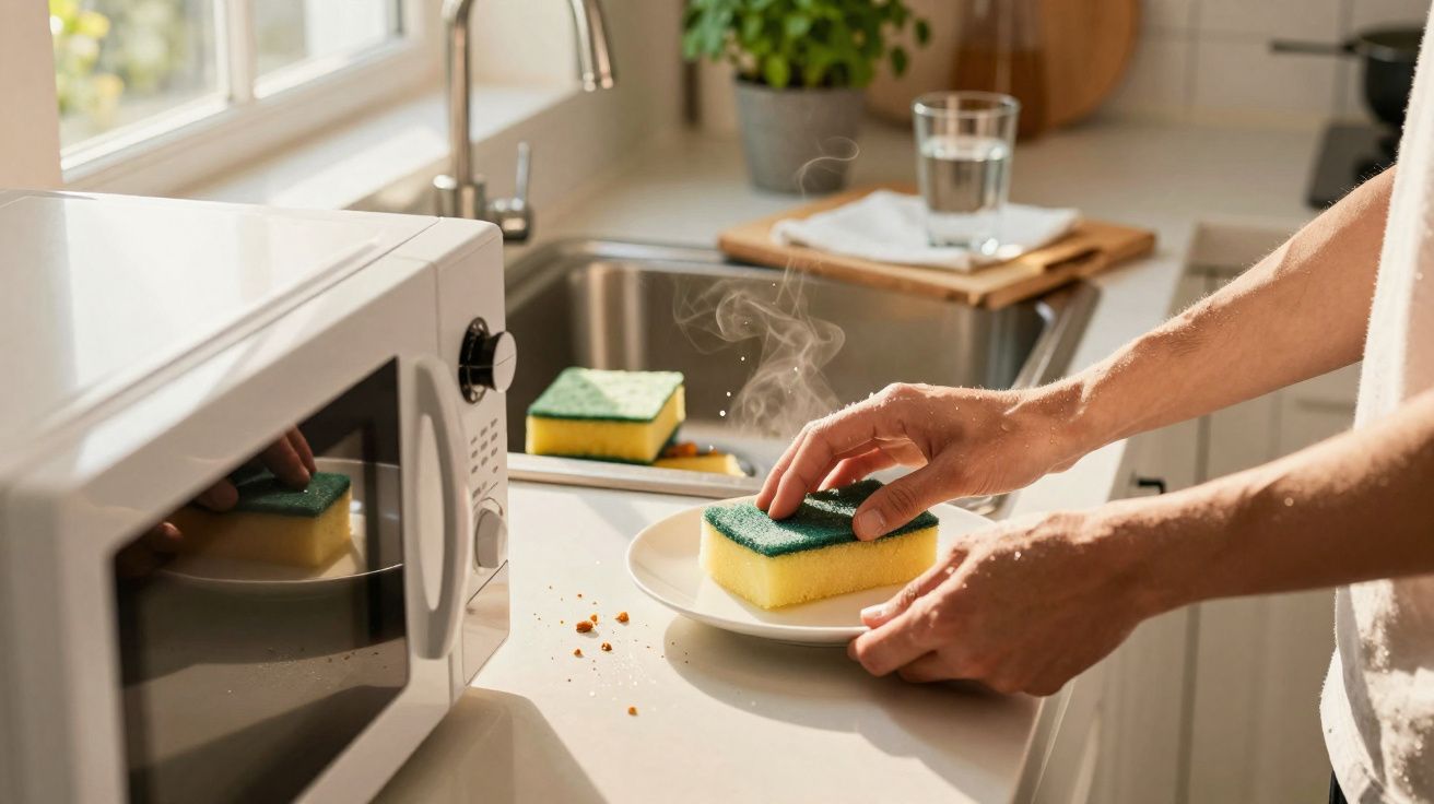 Person holding a steaming sponge over a plate beside a microwave in a sunlit kitchen counter.