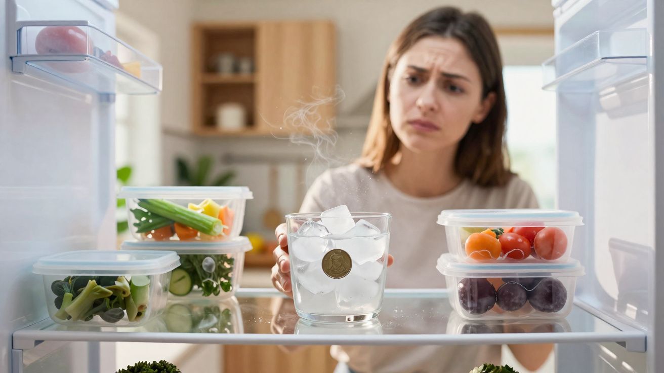 Woman looking confused at a steaming glass of ice with a coin inside in a fridge filled with food containers.