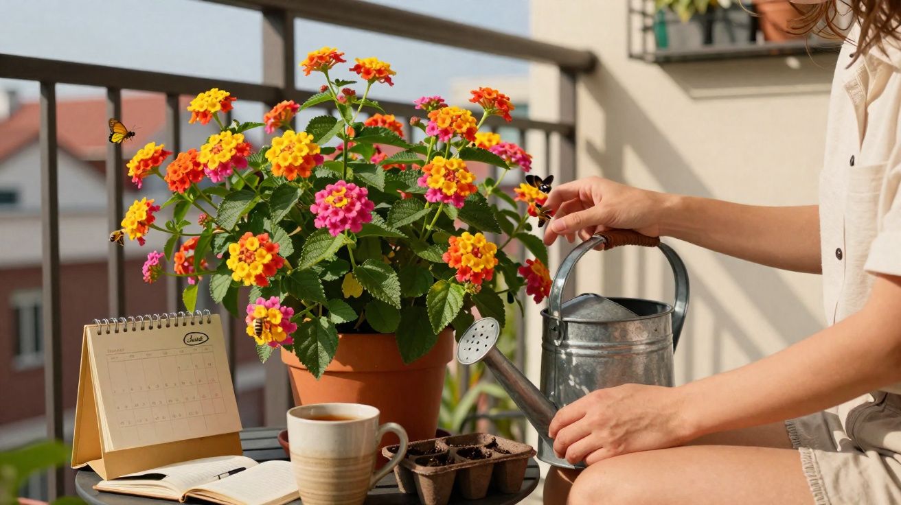Person watering colourful lantana flowers on a balcony table with a cup, calendar, and notebook nearby