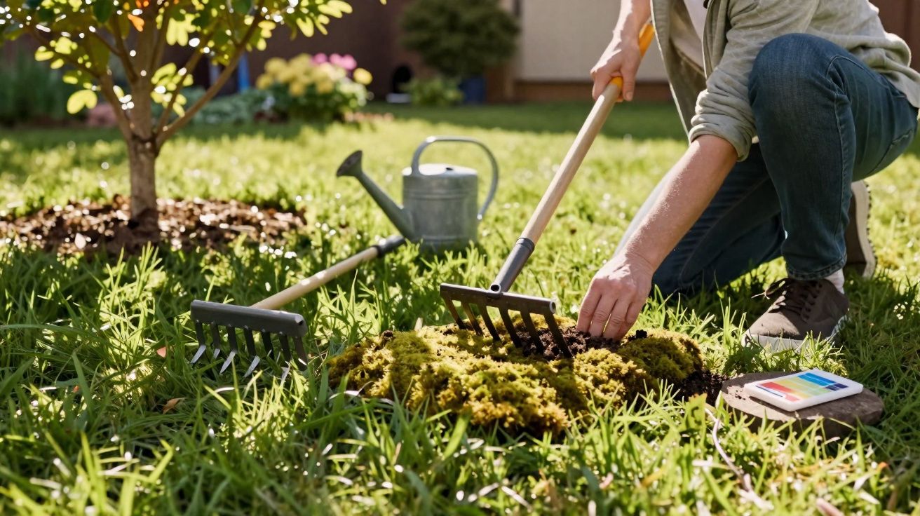 Person kneeling on grass using a garden rake to tend moss beside a watering can and soil test kit.