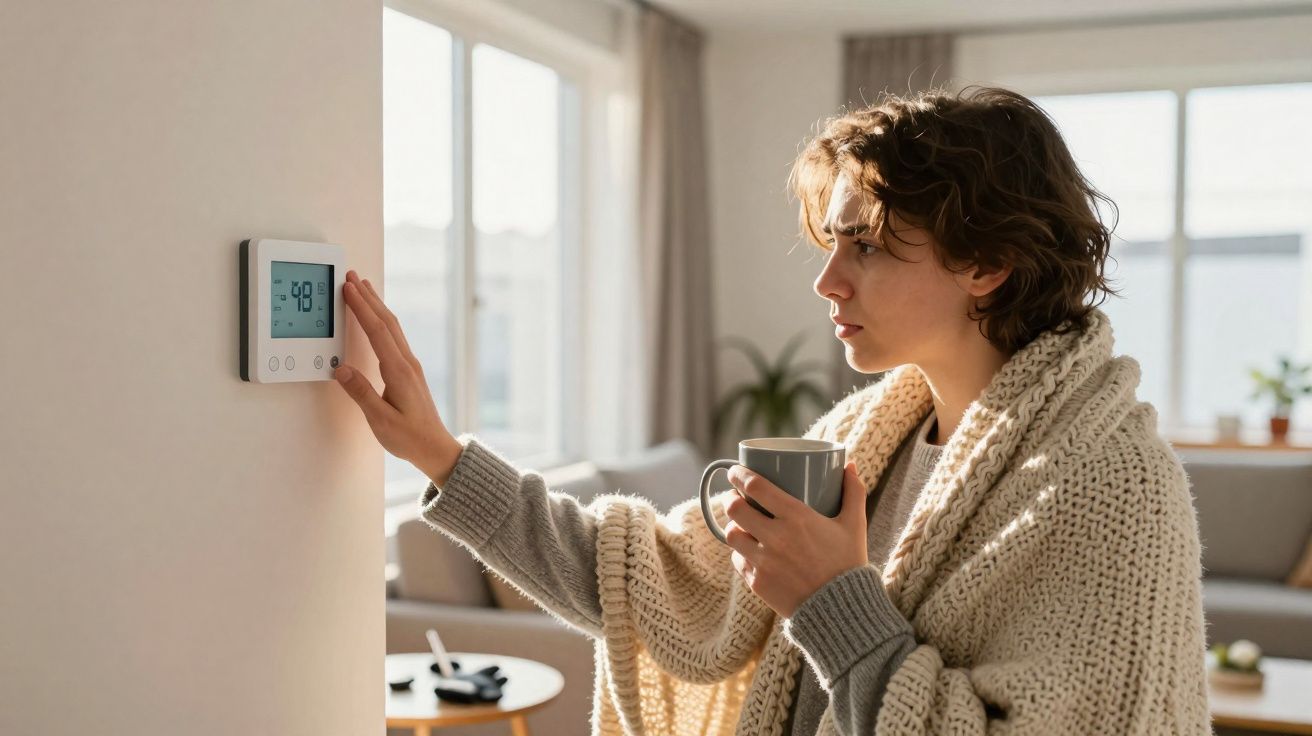 Person wrapped in a knitted blanket adjusting a wall thermostat while holding a mug in a bright living room.