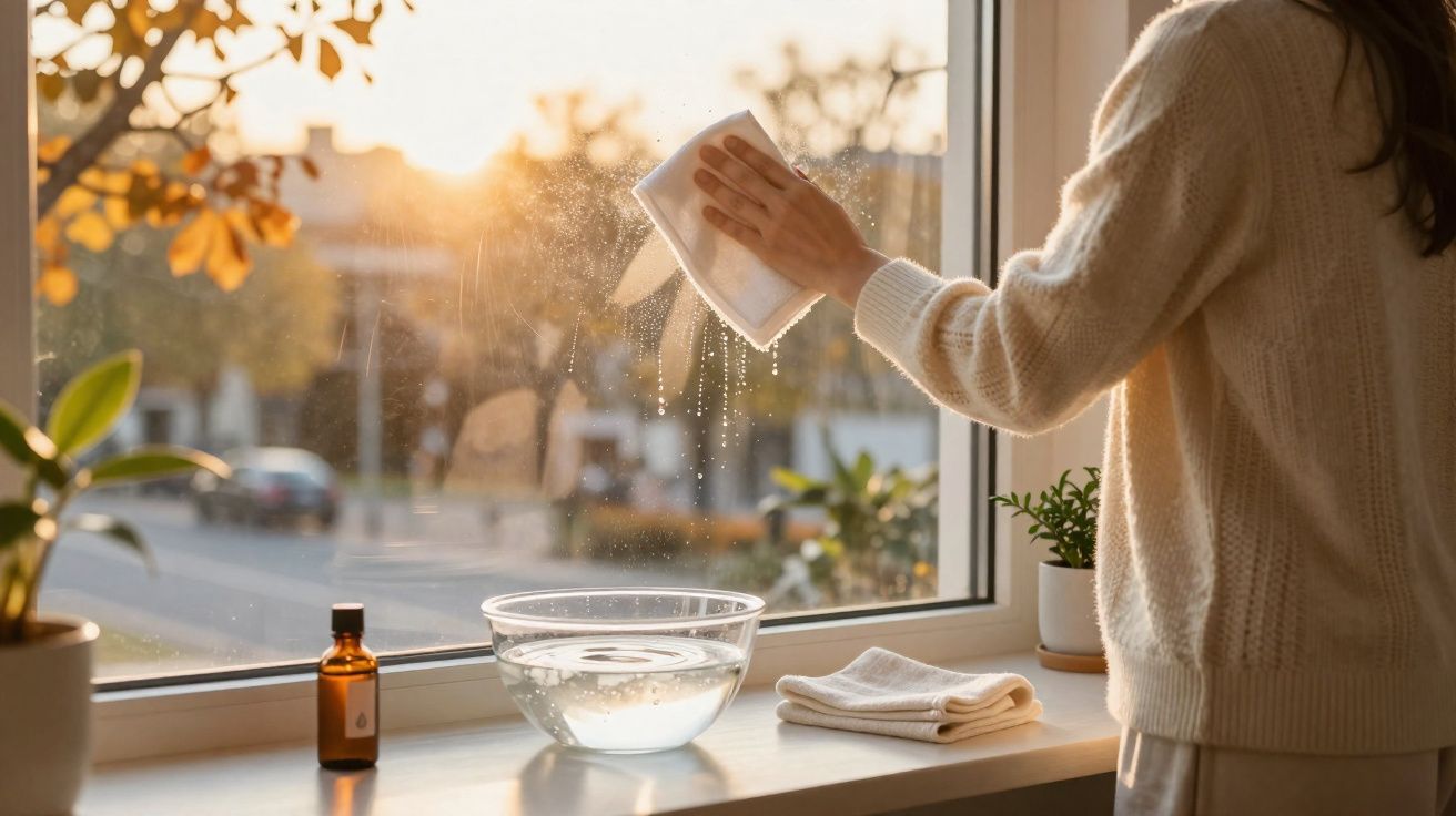 Person cleaning a window with a cloth beside a bowl of water and plants on a sunny windowsill.