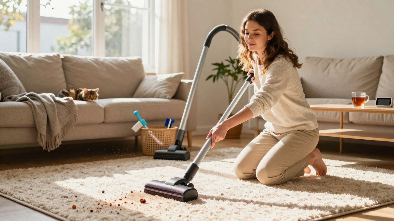 Woman vacuuming a beige carpet in a sunlit living room with a cat resting on the sofa in the background.
