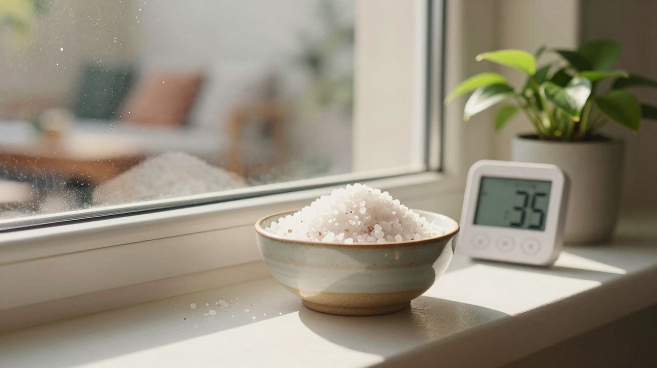 Bowl of bath salts on a sunny windowsill with a hygrometer showing 35% humidity and a small plant.