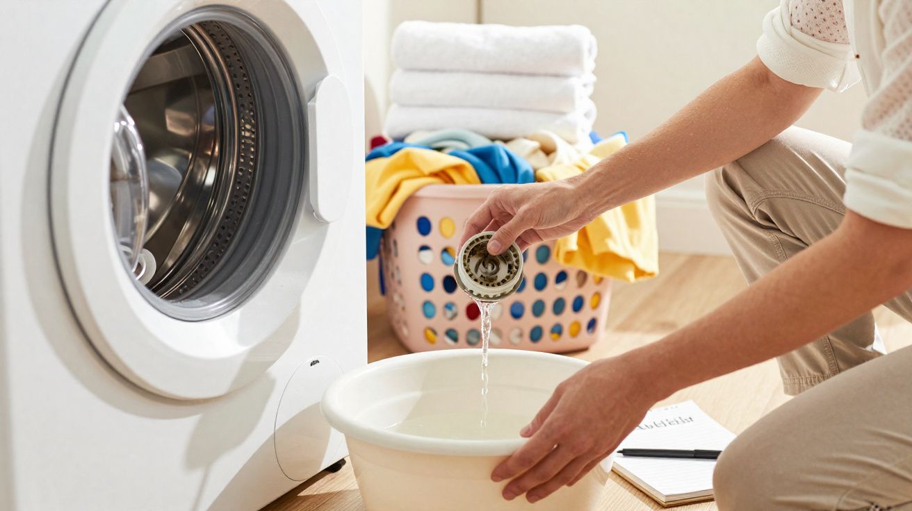 Person cleaning a washing machine filter over a basin with a laundry basket and folded towels in the background.