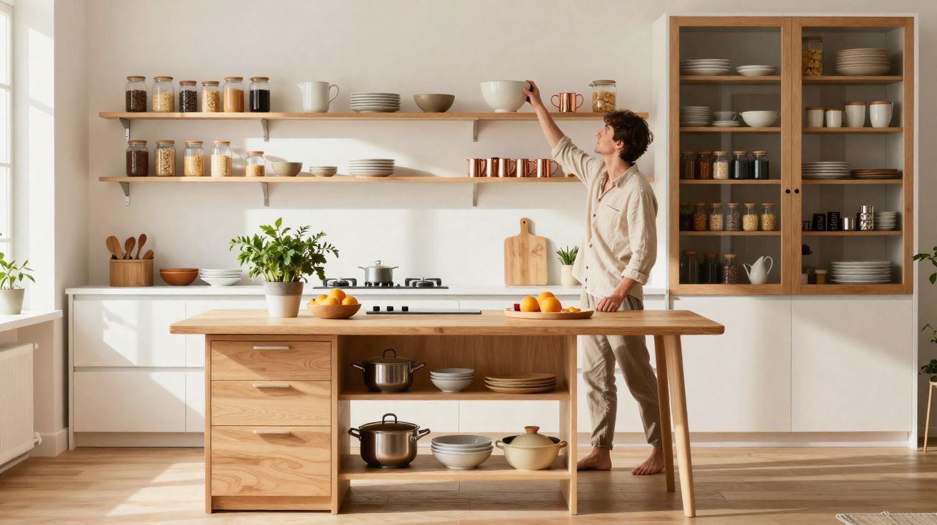 Person reaching for a bowl on a wooden shelf in a bright modern kitchen with open storage and cookware.