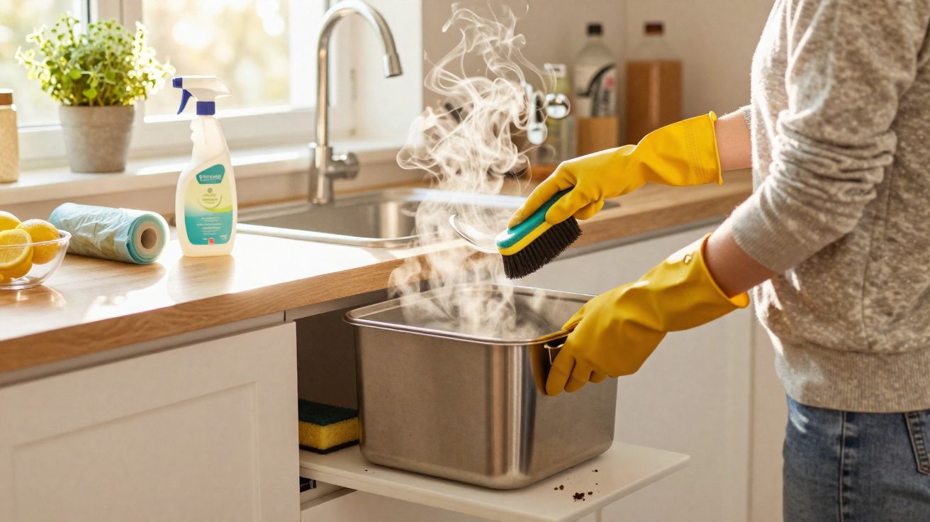 Person wearing yellow gloves scrubbing a steaming stainless steel pot in a kitchen sink area.
