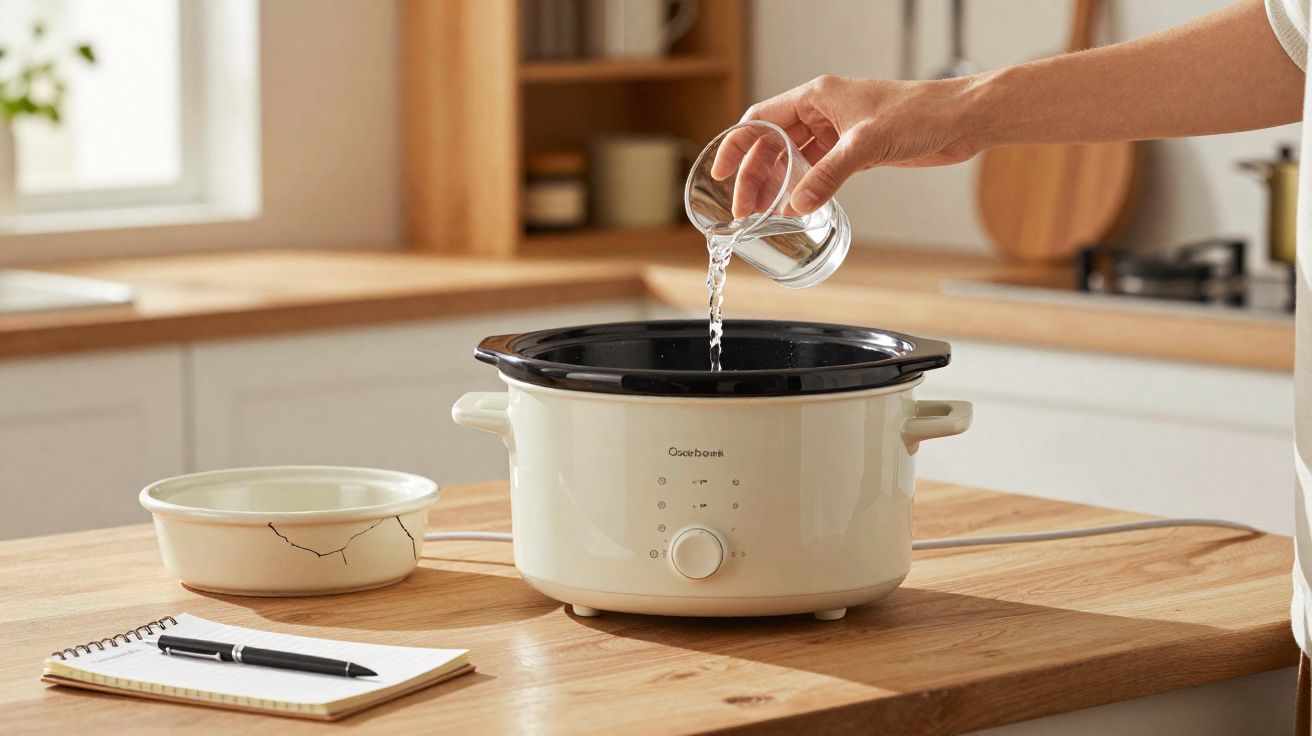 Hand pouring water from a glass into a cream slow cooker on a wooden kitchen countertop.