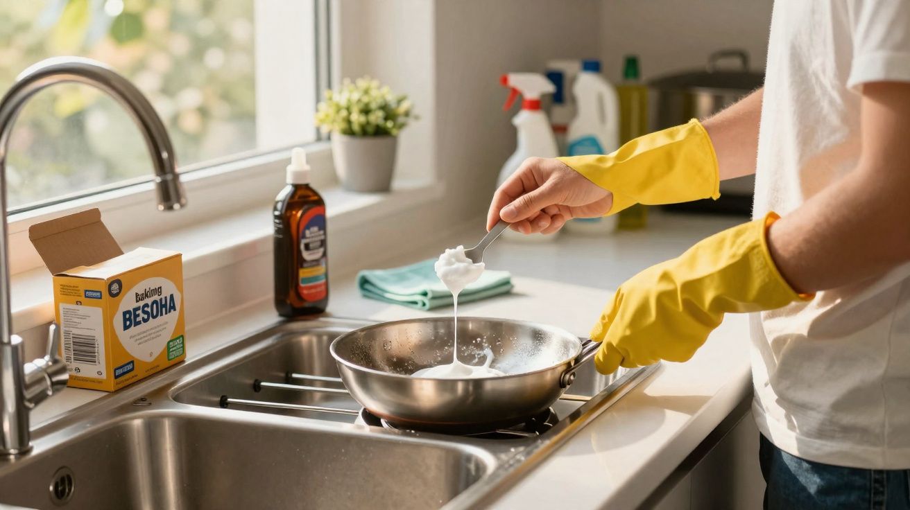 Person wearing yellow gloves cooking with white batter dripping from a spoon into a frying pan on a gas stove.