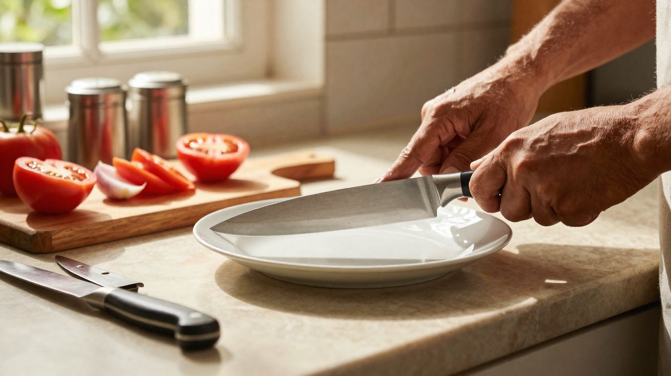 Person holding a large kitchen knife over a clean white plate on a countertop with sliced tomatoes nearby.