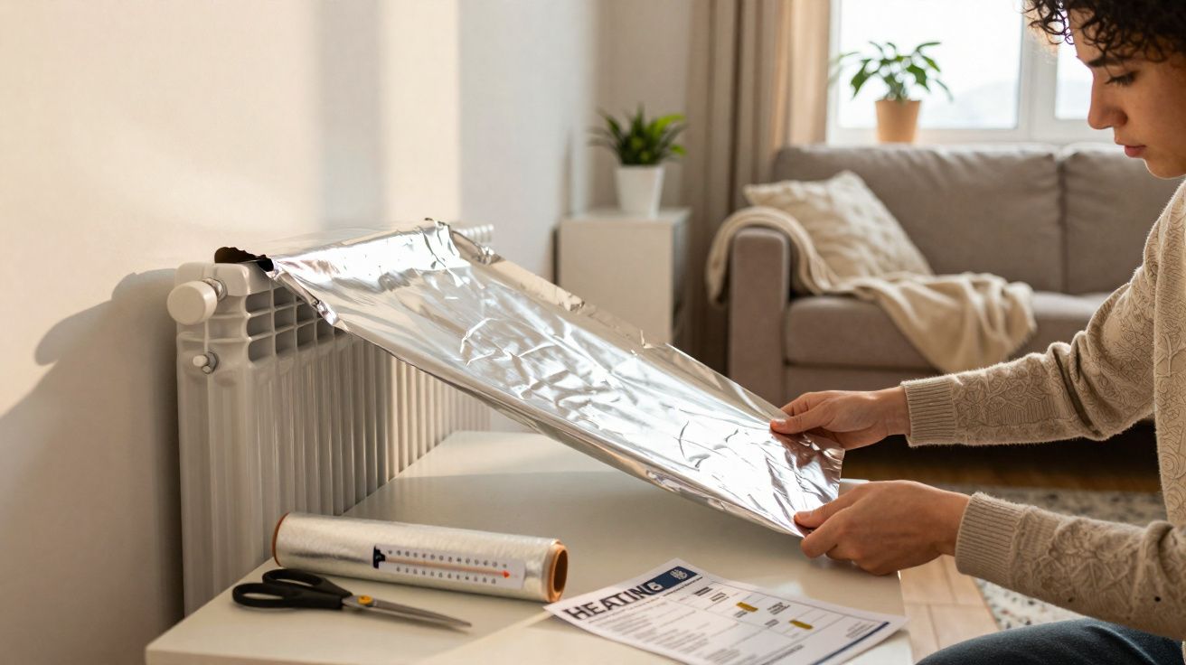 Person placing reflective foil behind a radiator with heating instructions and scissors nearby on table.