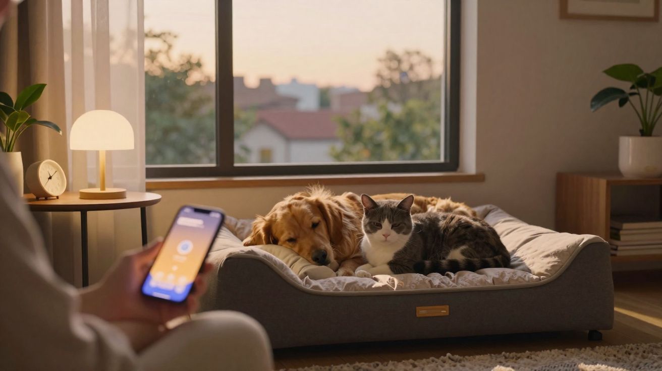 Golden retriever dog and grey-and-white cat resting together in a cosy pet bed by a window at dusk.