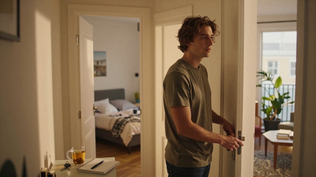 Young man in casual clothes opening a door inside a warmly lit modern apartment.
