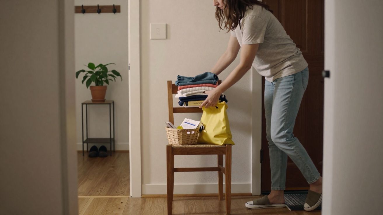 Woman placing folded clothes and a yellow bag on a wooden chair in a hallway with wooden flooring and a plant nearby.