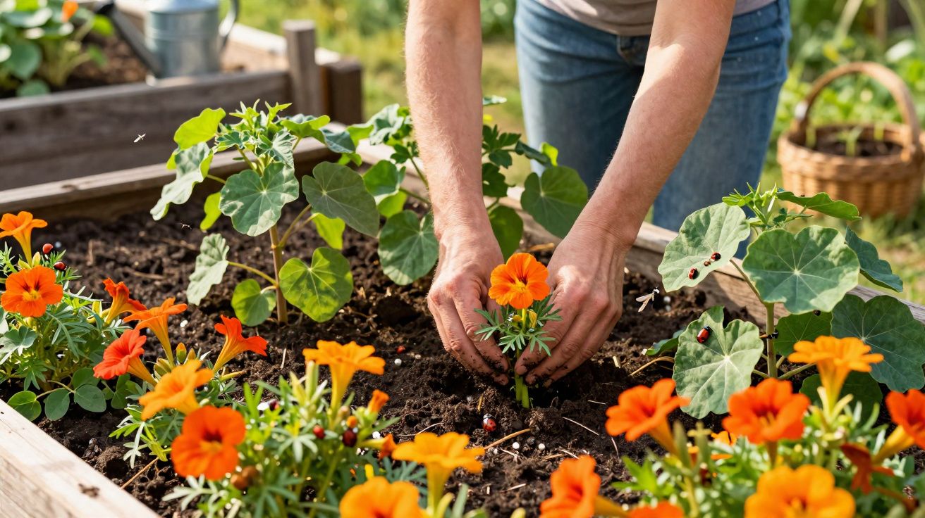 Person planting orange flowers in a raised garden bed surrounded by green leaves and ladybirds.