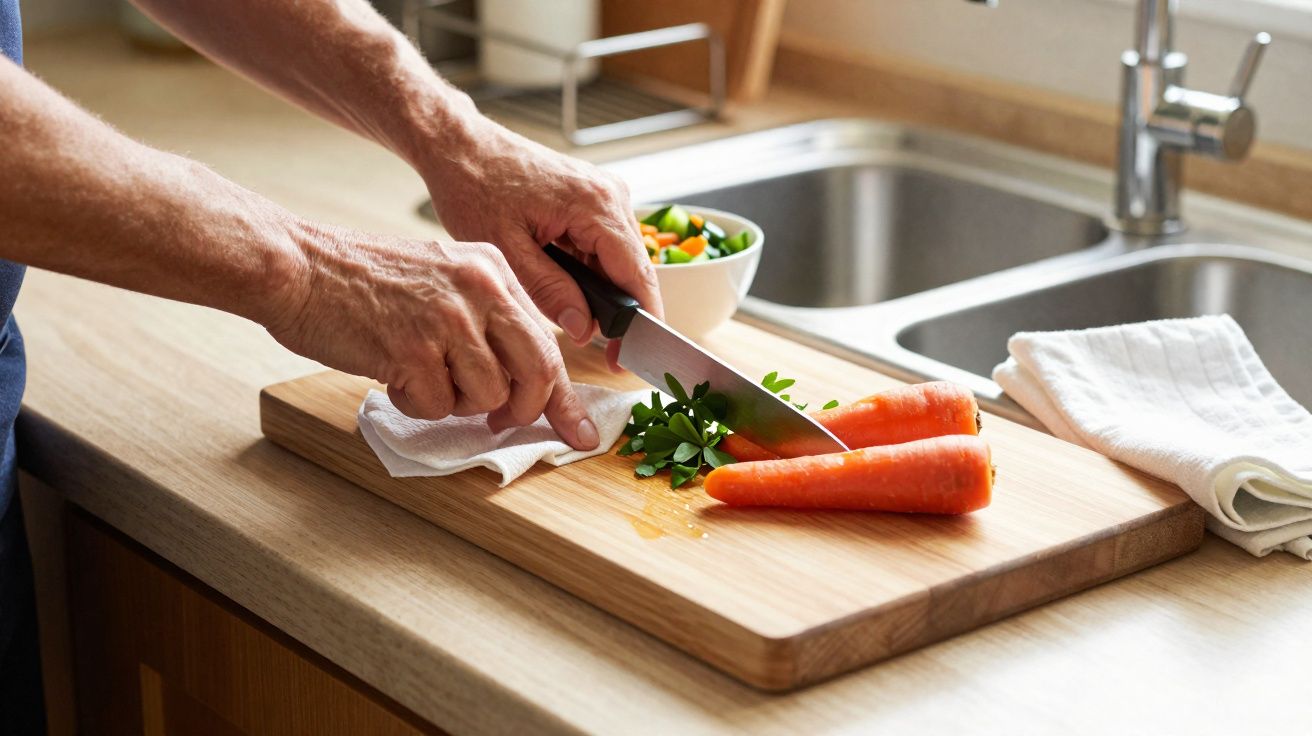 Person chopping carrots on wooden cutting board next to kitchen sink with bowl of mixed vegetables nearby