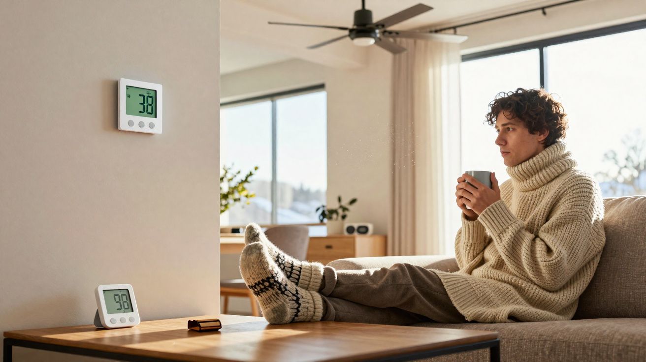 Young man in warm jumper and socks sitting on sofa holding a mug in well-lit living room with temperature monitors.