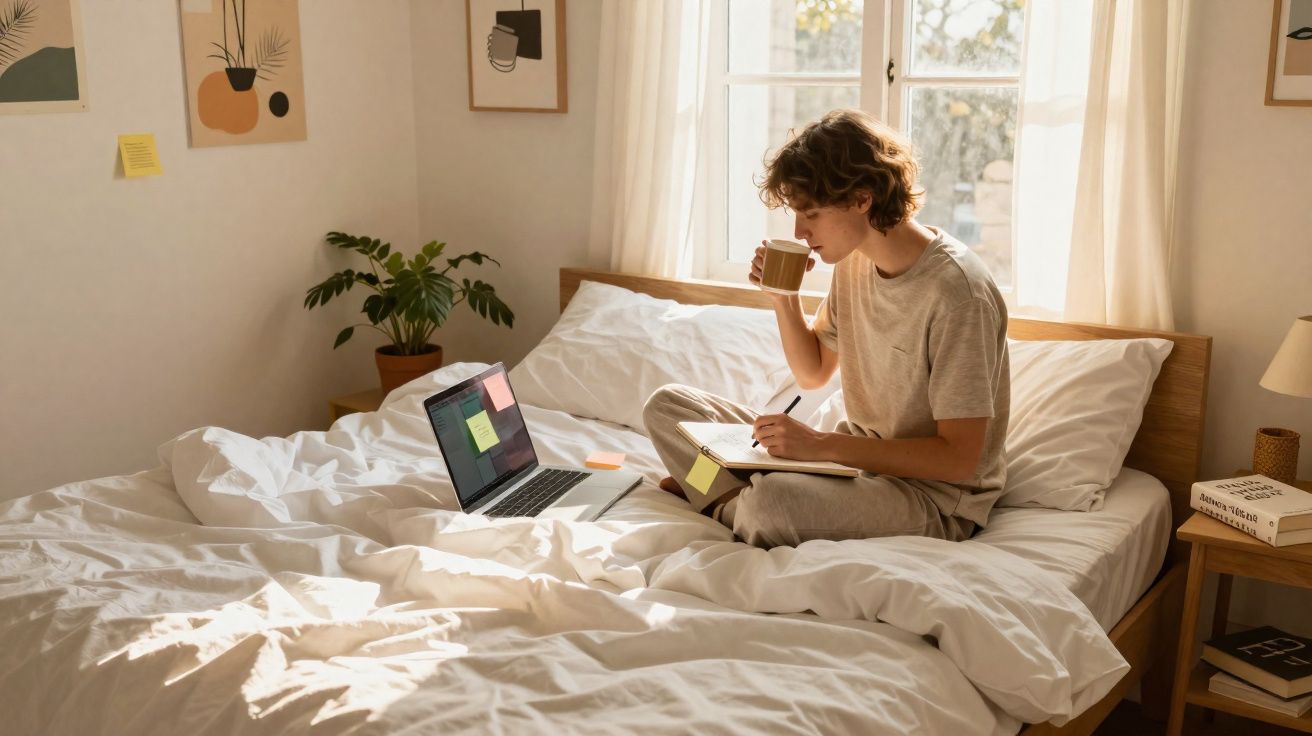 Person sitting cross-legged on a bed, drinking from a mug and writing in a notebook with a laptop nearby.