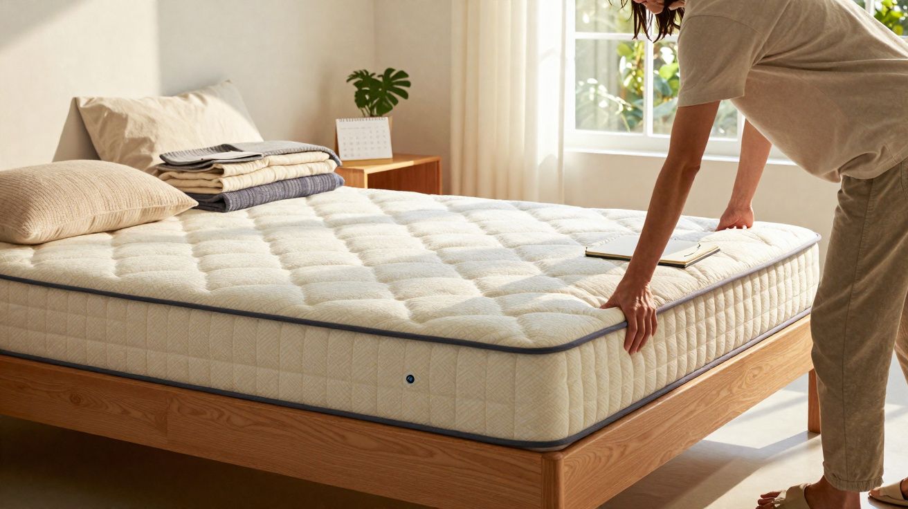 Person straightening a beige quilted mattress on a wooden bed frame in a sunlit minimal bedroom.