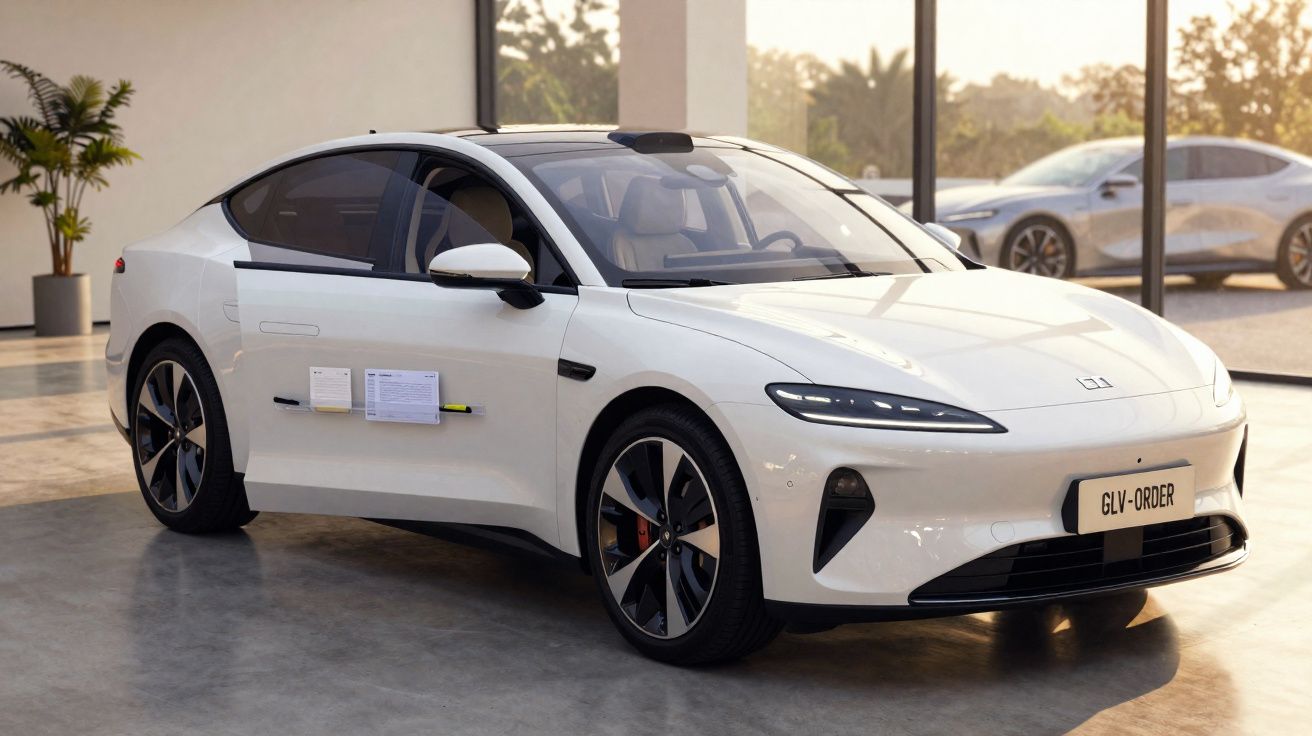 White modern electric car displayed indoors with sunlight and another car visible outside the window.