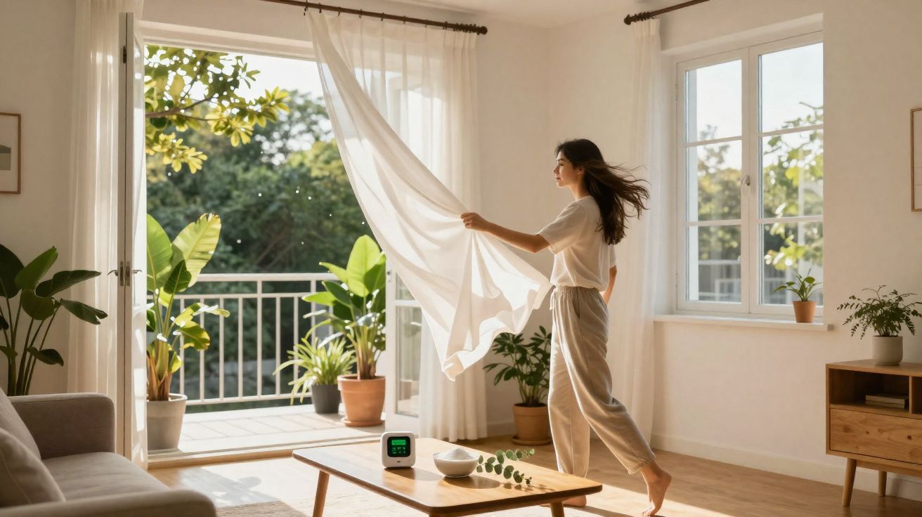Woman opening sheer curtains in a bright living room with plants and a wooden coffee table by a balcony door.