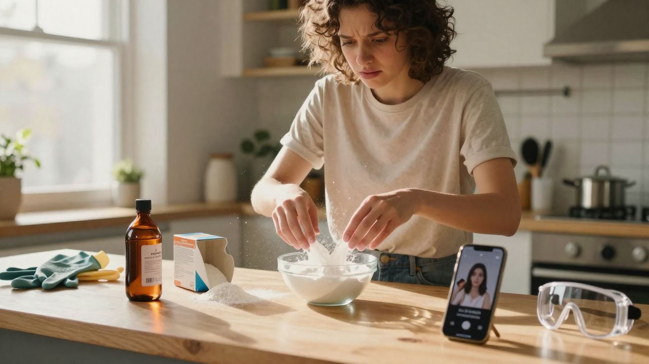 Young woman mixing ingredients in a bowl while following a recipe on a smartphone in a kitchen.