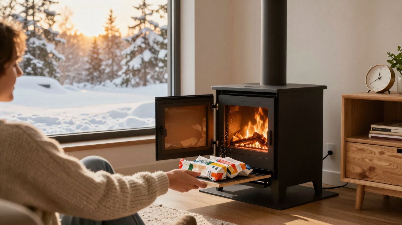 Person placing a tray with snacks into a lit wood-burning stove in a cosy room overlooking a snowy landscape.