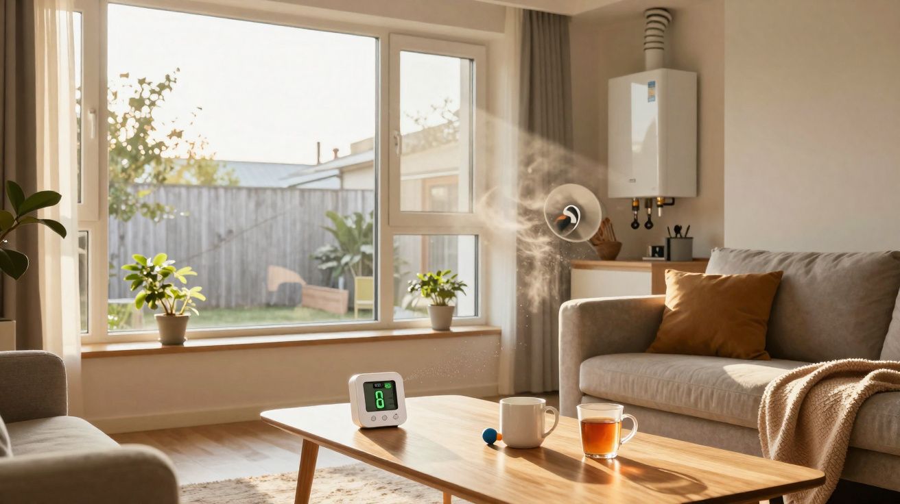 Bright living room with large window, potted plants, sofa, coffee table, humidifier releasing mist and warm drinks.