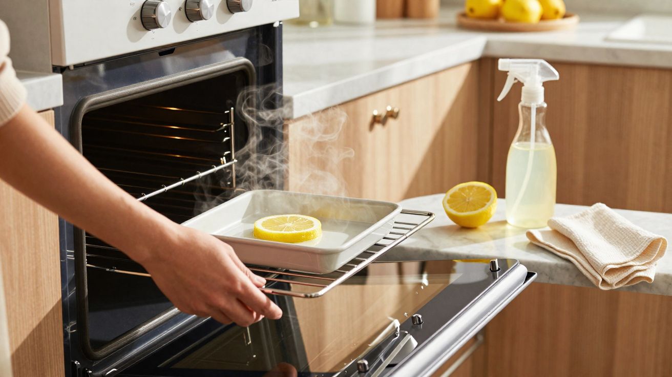 Hand removing a steaming lemon slice in a tray from an open oven in a kitchen with cleaning supplies nearby.