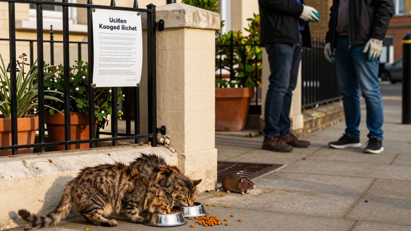 Two cats eating from silver bowls on a pavement near a rat and two people talking by a house entrance.